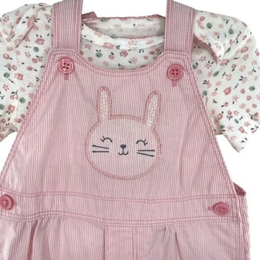 Carters Girls Pink Bunny Rabbit Overalls And Floral Top Set New